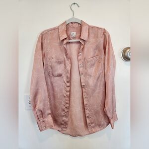 A New Day Silky Button Down Blouse With Leaf Pattern XS